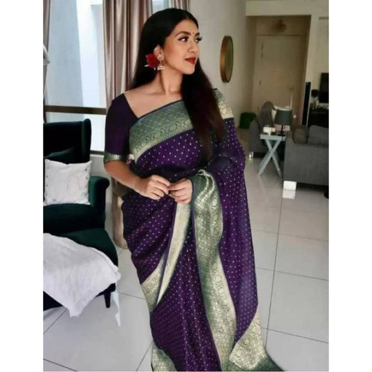 Generic Women's Litchi silk Printed Saree With Unstitched Blouse (Purple)