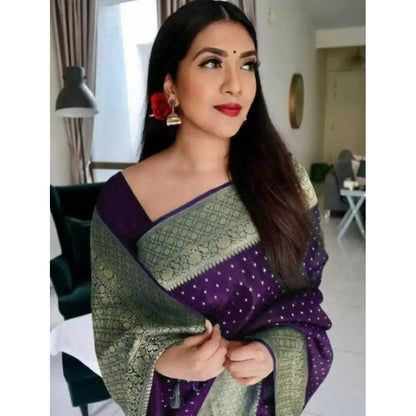 Generic Women's Litchi silk Printed Saree With Unstitched Blouse (Purple)