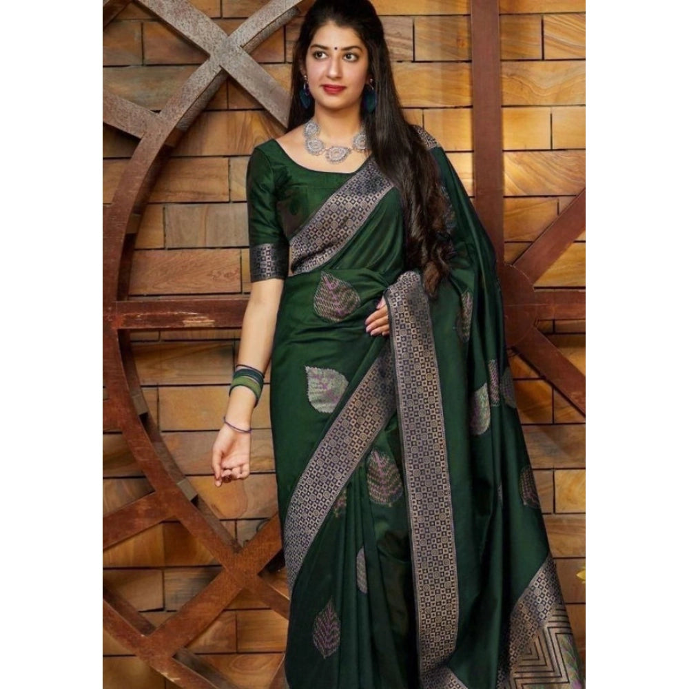 Generic Women's Litchi silk Printed Saree With Unstitched Blouse (Green)