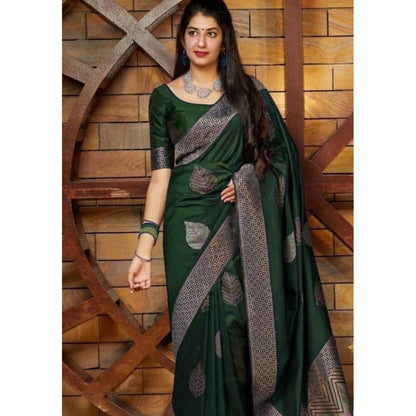 Generic Women's Litchi silk Printed Saree With Unstitched Blouse (Green)