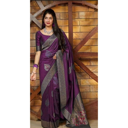 Generic Women's Litchi silk Printed Saree With Unstitched Blouse (Purple)
