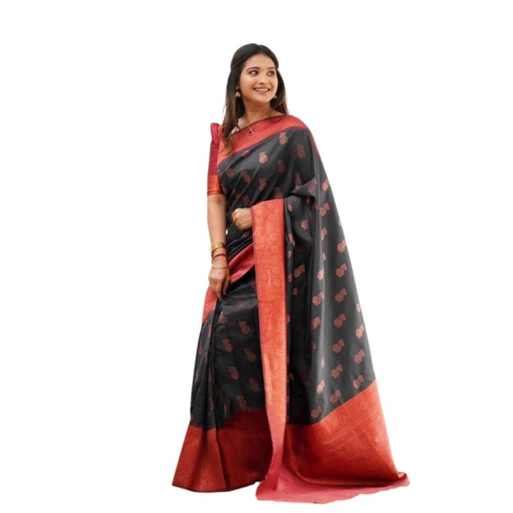 Generic Women's Litchi silk Printed Saree With Unstitched Blouse (Grey)
