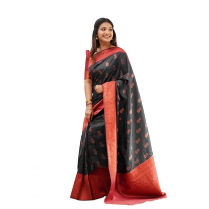 Generic Women's Litchi silk Printed Saree With Unstitched Blouse (Grey)