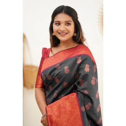 Generic Women's Litchi silk Printed Saree With Unstitched Blouse (Grey)