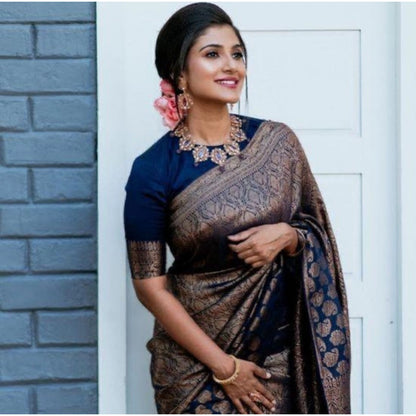 Generic Women's Litchi silk Printed Saree With Unstitched Blouse (Blue)