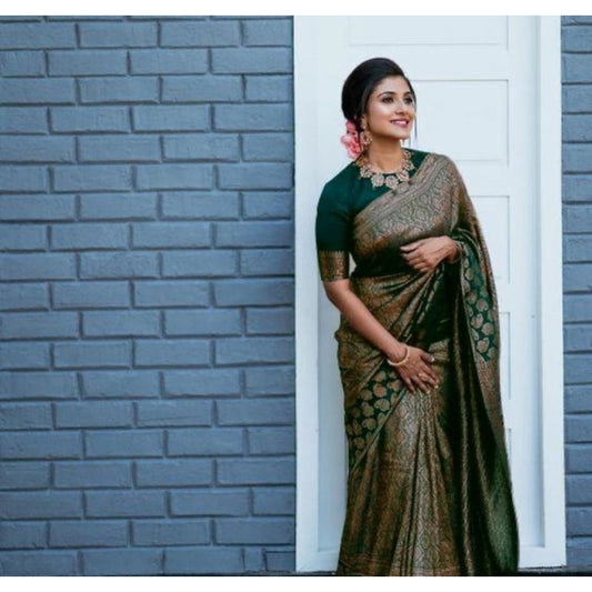 Generic Women's Litchi silk Printed Saree With Unstitched Blouse (Green)