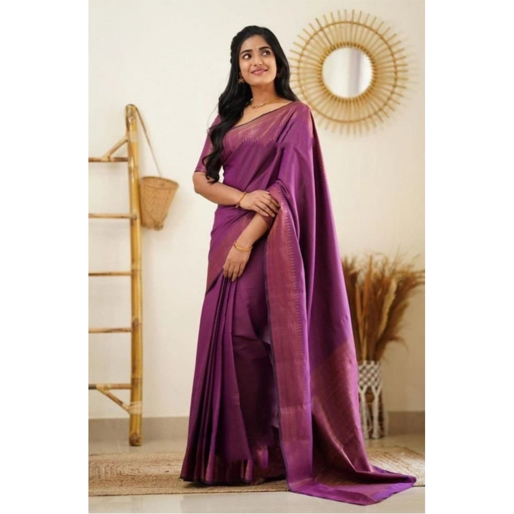 Generic Women's Litchi silk Printed Saree With Unstitched Blouse (Purple)
