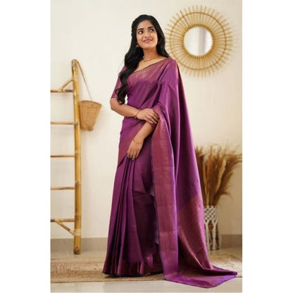 Generic Women's Litchi silk Printed Saree With Unstitched Blouse (Purple)