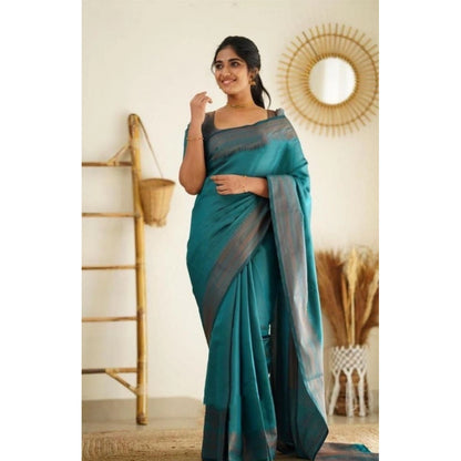 Generic Women's Litchi silk Printed Saree With Unstitched Blouse (Rama Blue)