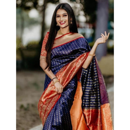 Generic Women's Litchi silk Printed Saree With Unstitched Blouse (Blue)