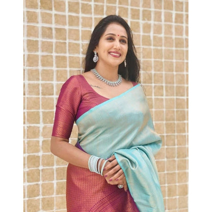 Generic Women's Litchi silk Printed Saree With Unstitched Blouse (Blue)
