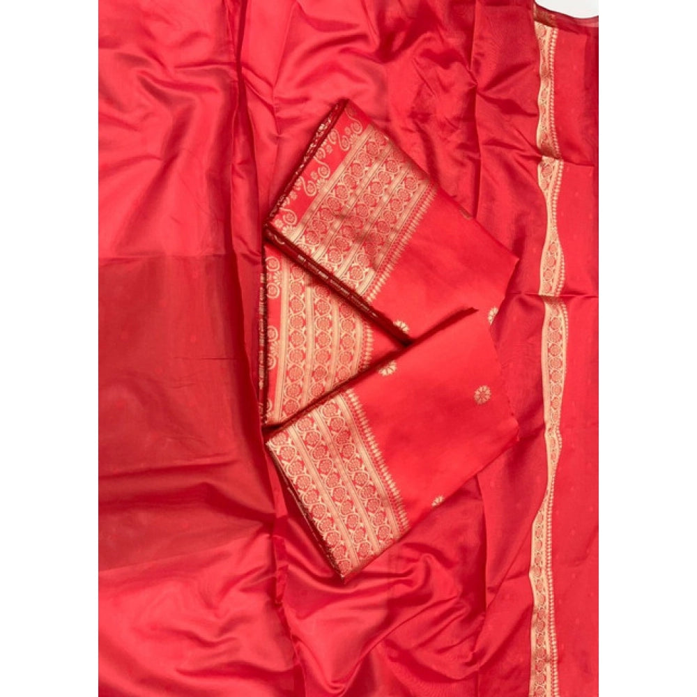 Generic Women's Litchi silk Printed Saree With Unstitched Blouse (Red)