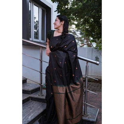 Generic Women's Litchi silk Printed Saree With Unstitched Blouse (Black)
