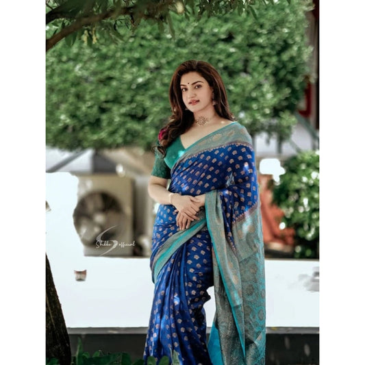 Generic Women's Litchi silk Printed Saree With Unstitched Blouse (Navy Blue)
