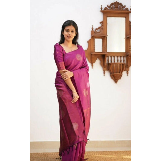 Generic Women's Litchi silk Printed Saree With Unstitched Blouse (Dark Pink)