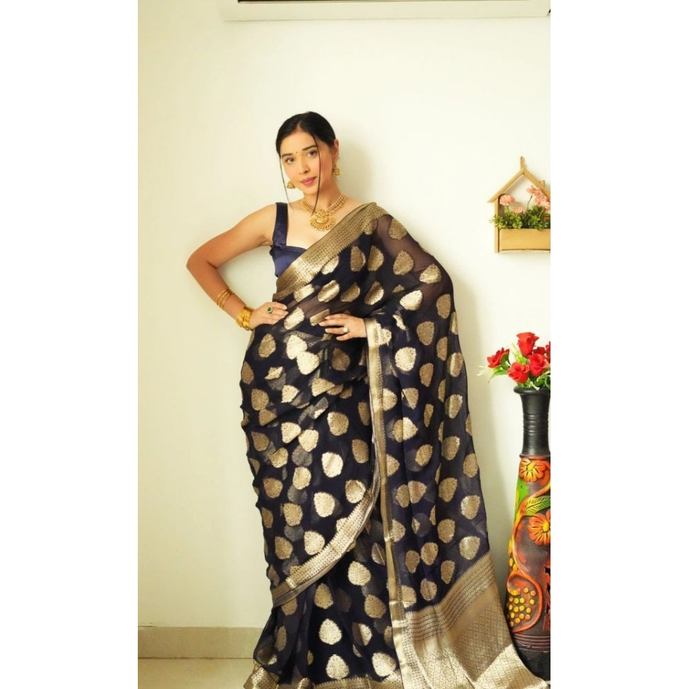 Generic Women's Litchi silk Printed Saree With Unstitched Blouse (Black)