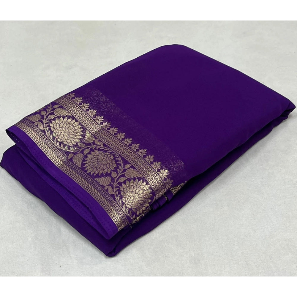 Generic Women's Crepe Chit Pallu Solid Saree With Unstitched Blouse 5.5Mtr (Dark Purple)