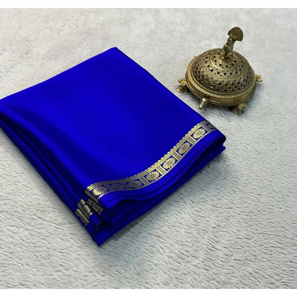 Generic Women's Crepe Chit Pallu Solid Saree With Unstitched Blouse 5.5Mtr (Blue)