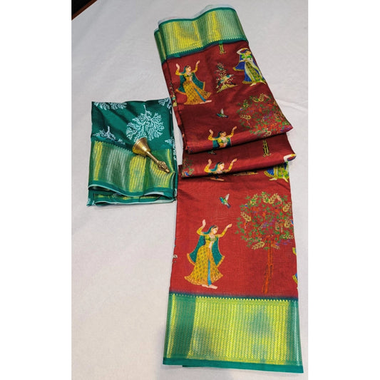 Generic Women's Digital Dolla Silk Printed Saree With Unstitched Blouse 5.5Mtr (Brown)