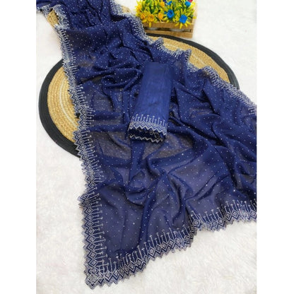 Generic Women's Georgette Stone Work Saree With Unstitched Blouse 5.5Mtr (Blue)