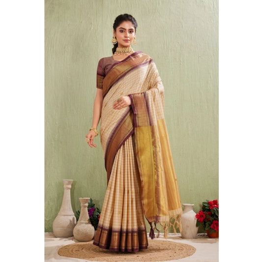 Generic Women's Silk Blended Jaquard Woven Saree With Unstitched Blouse 5.5Mtr (Beige)