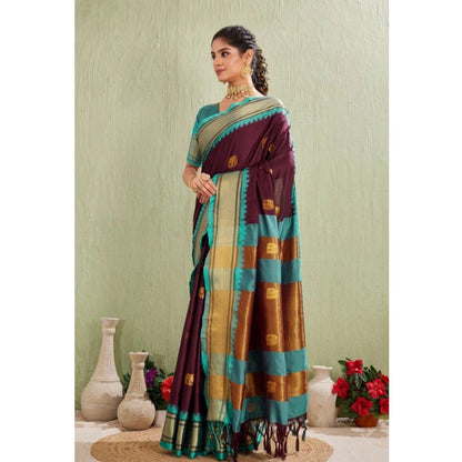 Generic Women's Silk Blended Jaquard Woven Saree With Unstitched Blouse 5.5Mtr (Purple)