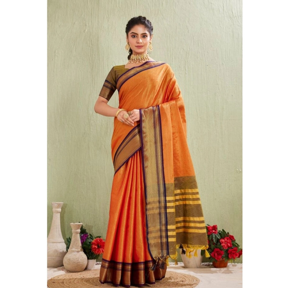 Generic Women's Silk Blended Jaquard Woven Saree With Unstitched Blouse 5.5Mtr (Orange)