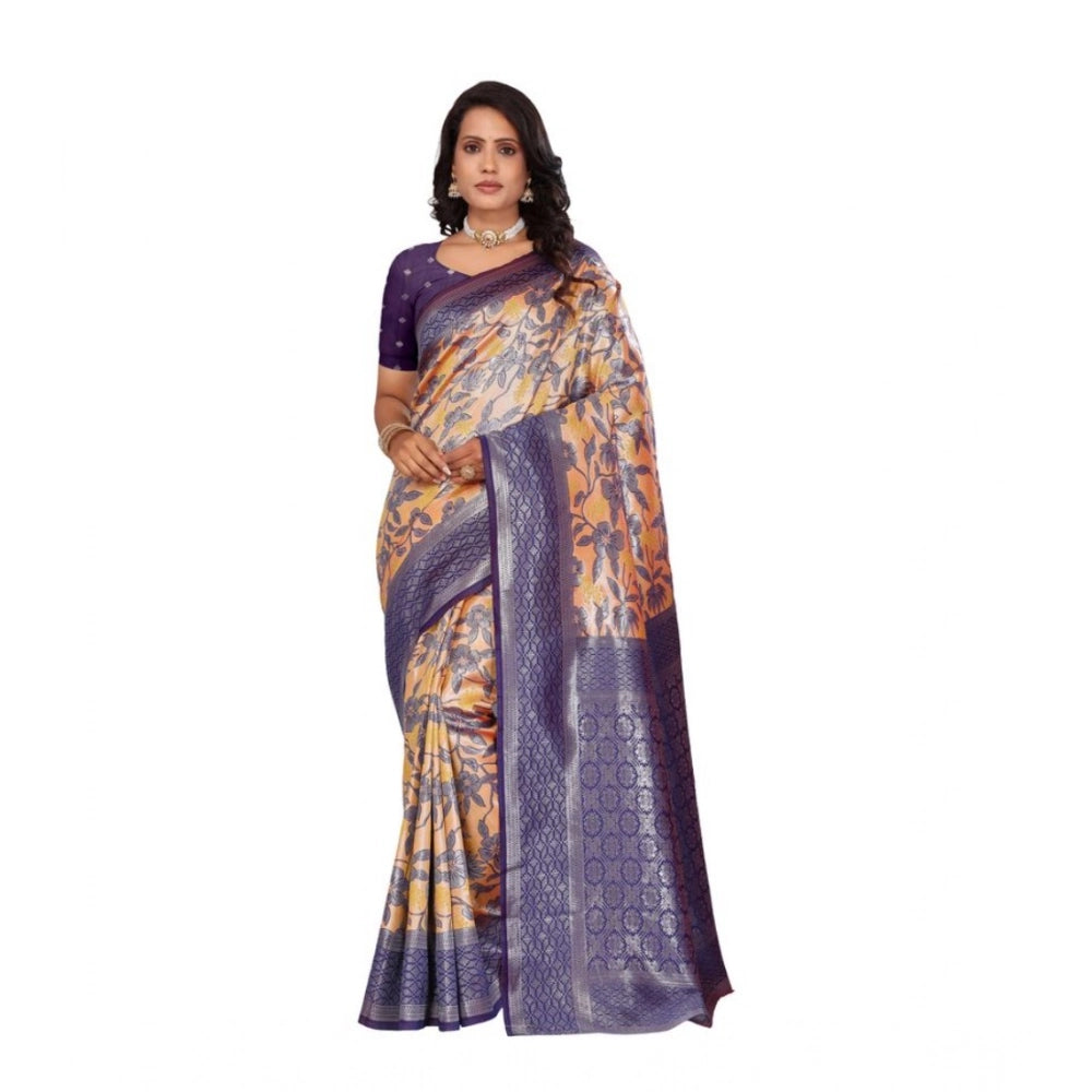 Generic Women's Banarasi Silk Jaquard Woven Saree With Unstitched Blouse 5.5Mtr (Orange)