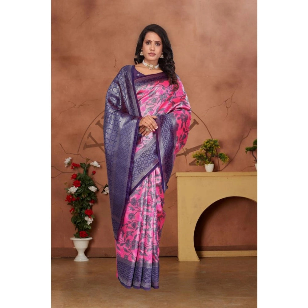 Generic Women's Banarasi Silk Jaquard Woven Saree With Unstitched Blouse 5.5Mtr (Pink)