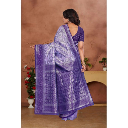 Generic Women's Banarasi Silk Jaquard Woven Saree With Unstitched Blouse 5.5Mtr (Purple)