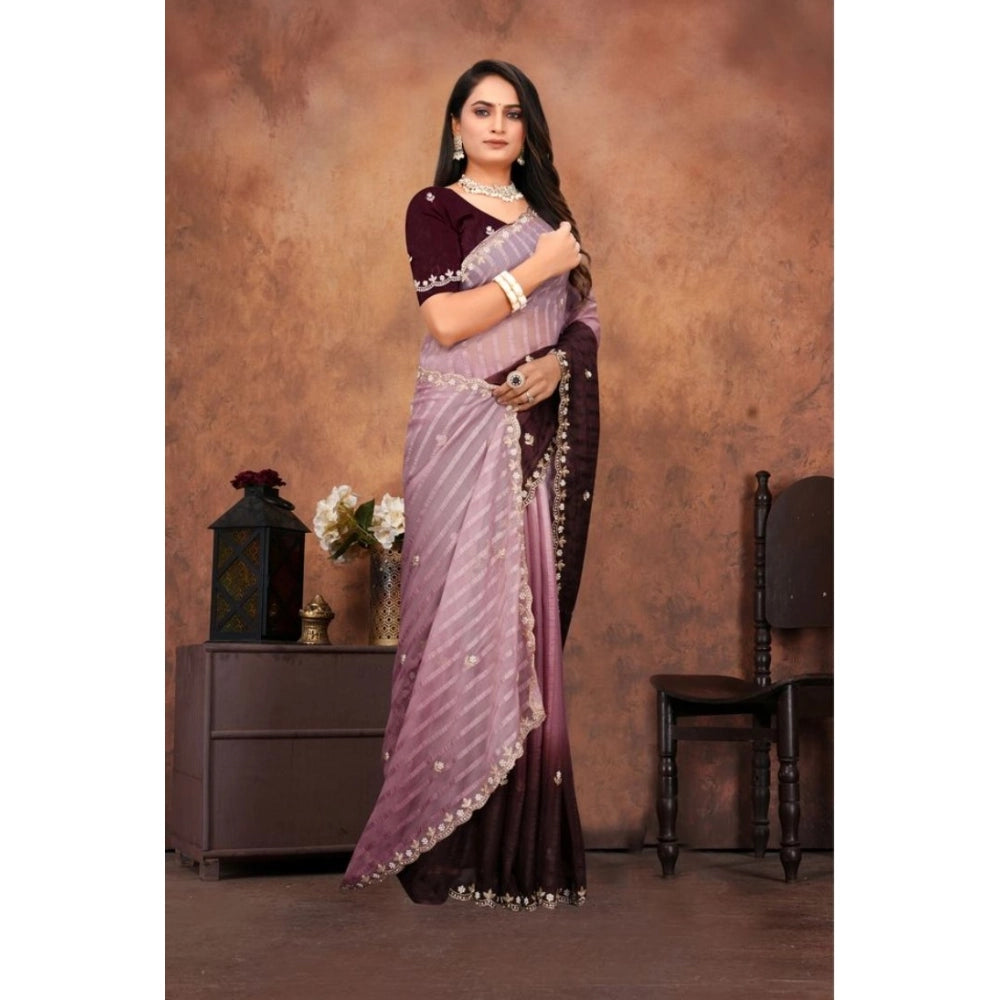 Generic Women's Chiffon Embroidred Saree With Unstitched Blouse 5.5Mtr (Beige)