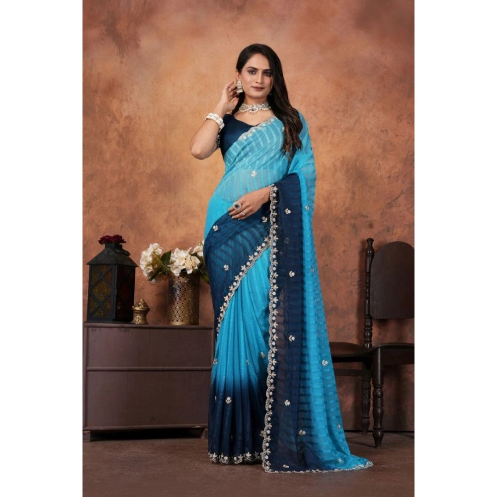Generic Women's Chiffon Embroidred Saree With Unstitched Blouse 5.5Mtr (Light Blue)