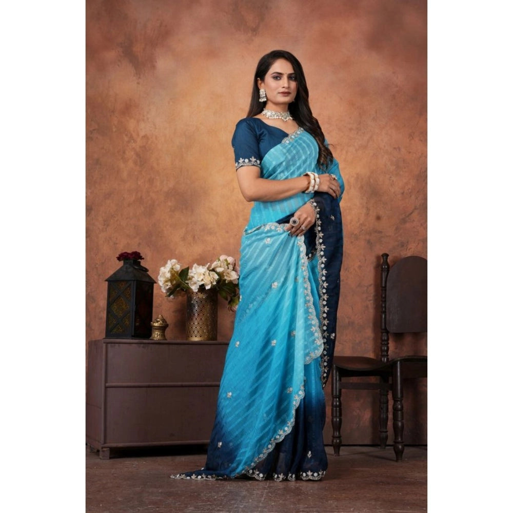 Generic Women's Chiffon Embroidred Saree With Unstitched Blouse 5.5Mtr (Light Blue)