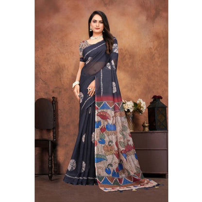 Generic Women's Linen Printed Saree With Unstitched Blouse 5.5Mtr (Black)