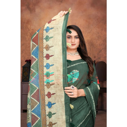 Generic Women's Linen Printed Saree With Unstitched Blouse 5.5Mtr (Dark Green)