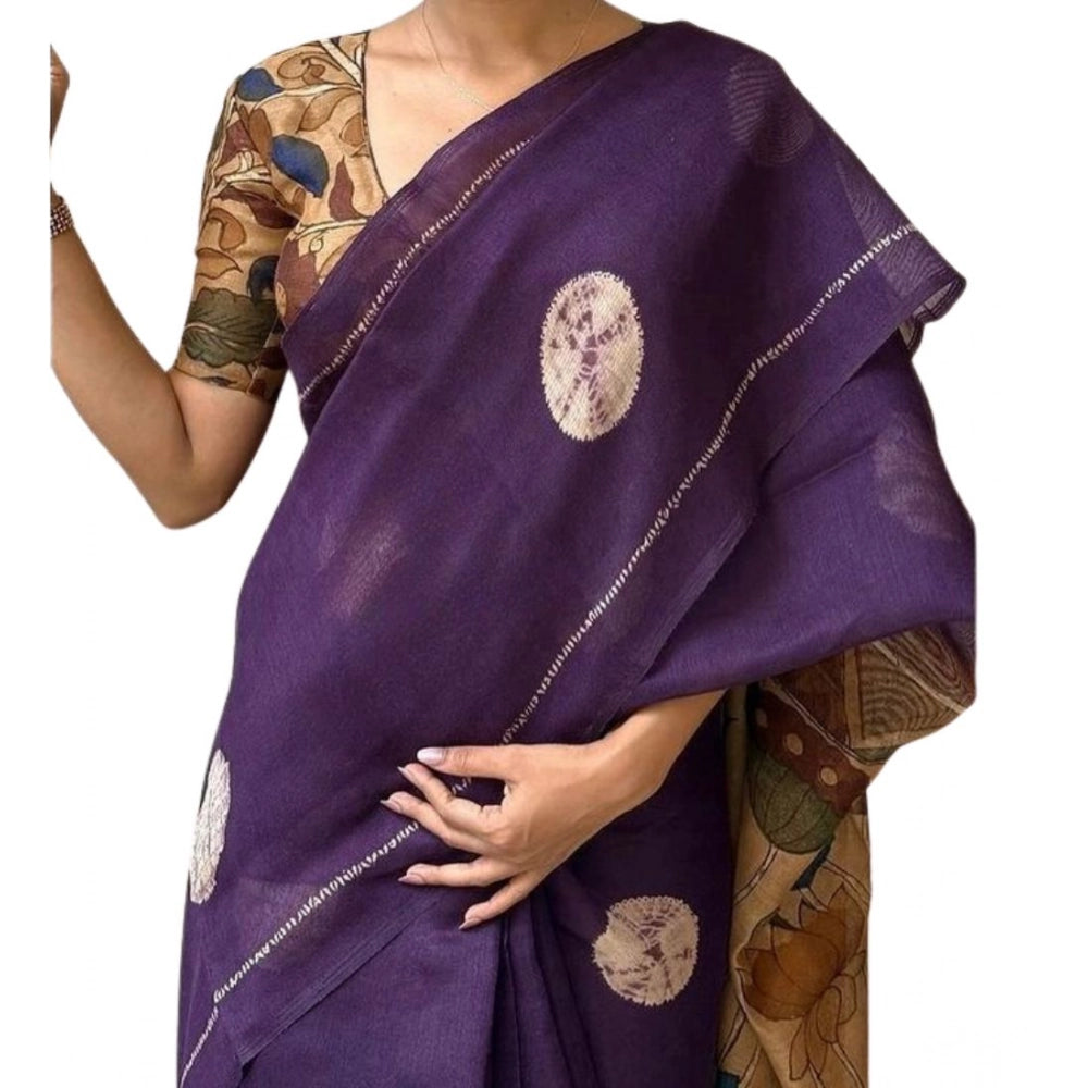 Generic Women's Linen Printed Saree With Unstitched Blouse 5.5Mtr (Purple)