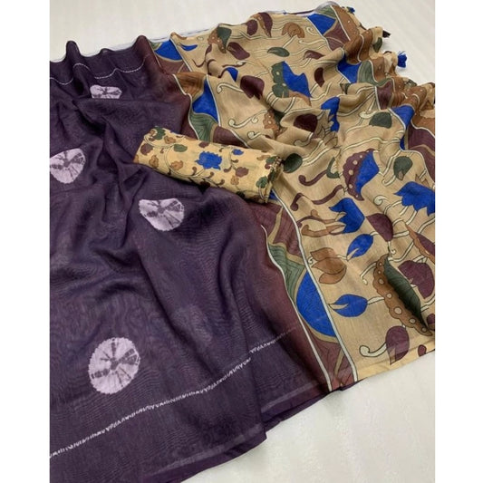 Generic Women's Linen Printed Saree With Unstitched Blouse 5.5Mtr (Purple)