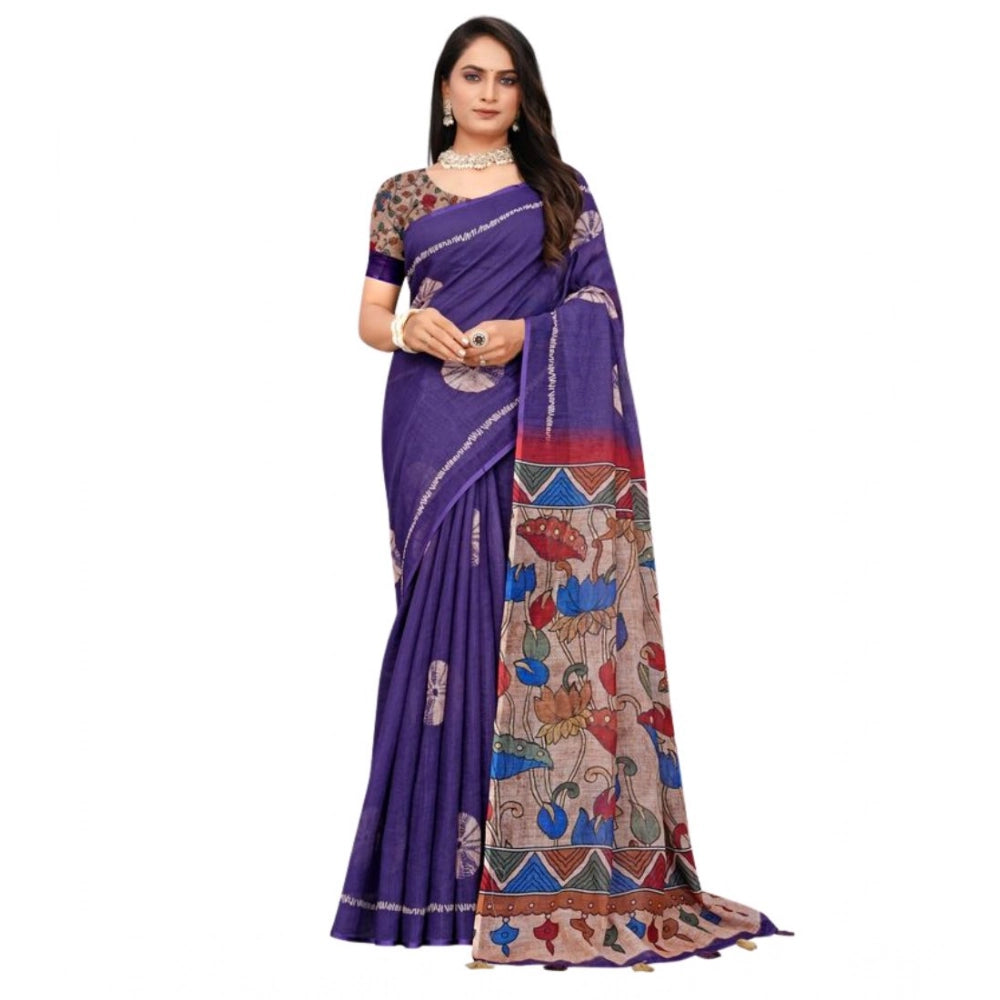 Generic Women's Linen Printed Saree With Unstitched Blouse 5.5Mtr (Purple)