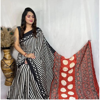 Generic Women's Satin Printed Saree With Unstitched Blouse 5.5Mtr (Black)