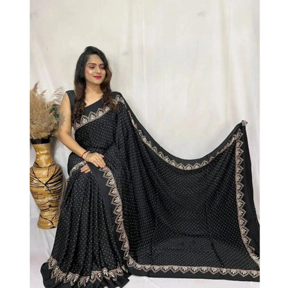 Generic Women's Satin Printed Saree With Unstitched Blouse 5.5Mtr (Black)