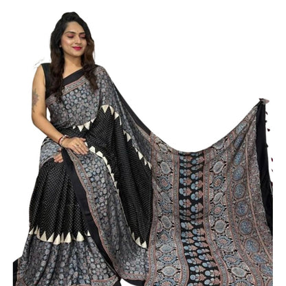 Generic Women's Satin Printed Saree With Unstitched Blouse 5.5Mtr (Black)