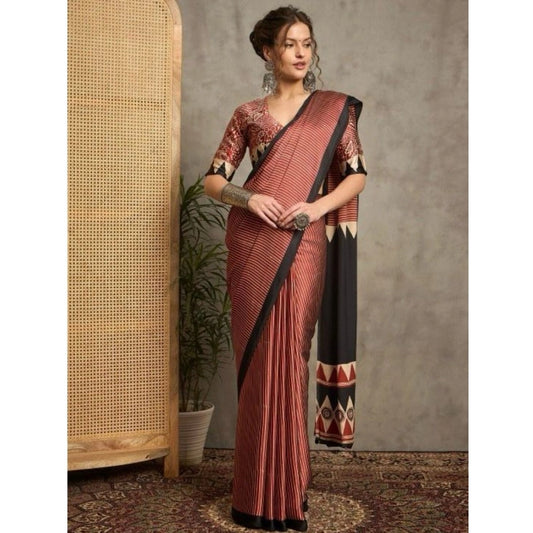 Generic Women's Satin Printed Saree With Unstitched Blouse 5.5Mtr (Black)
