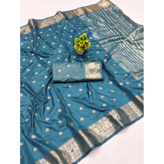 Generic Women's Jacquard Silk Jaquard Woven Saree With Unstitched Blouse 5.5Mtr (Light Blue)
