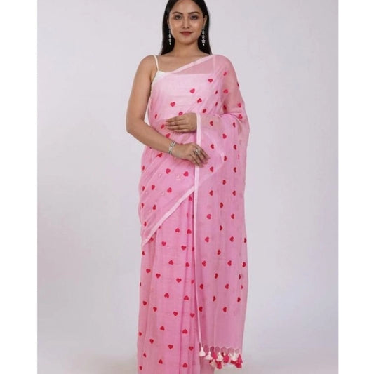 Generic Women's Linen Printed Saree With Unstitched Blouse 5.5Mtr (Pink)