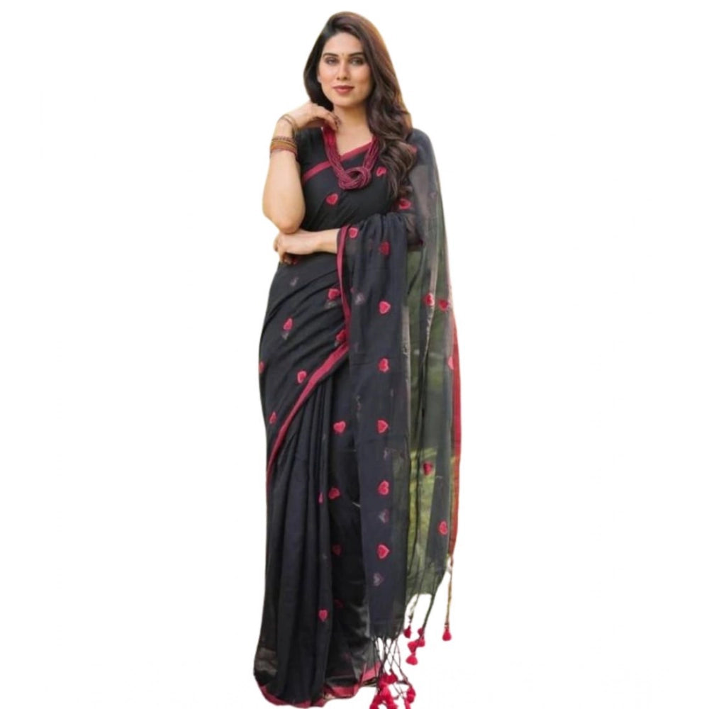Generic Women's Linen Printed Saree With Unstitched Blouse 5.5Mtr (Black)