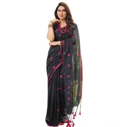 Generic Women's Linen Printed Saree With Unstitched Blouse 5.5Mtr (Black)
