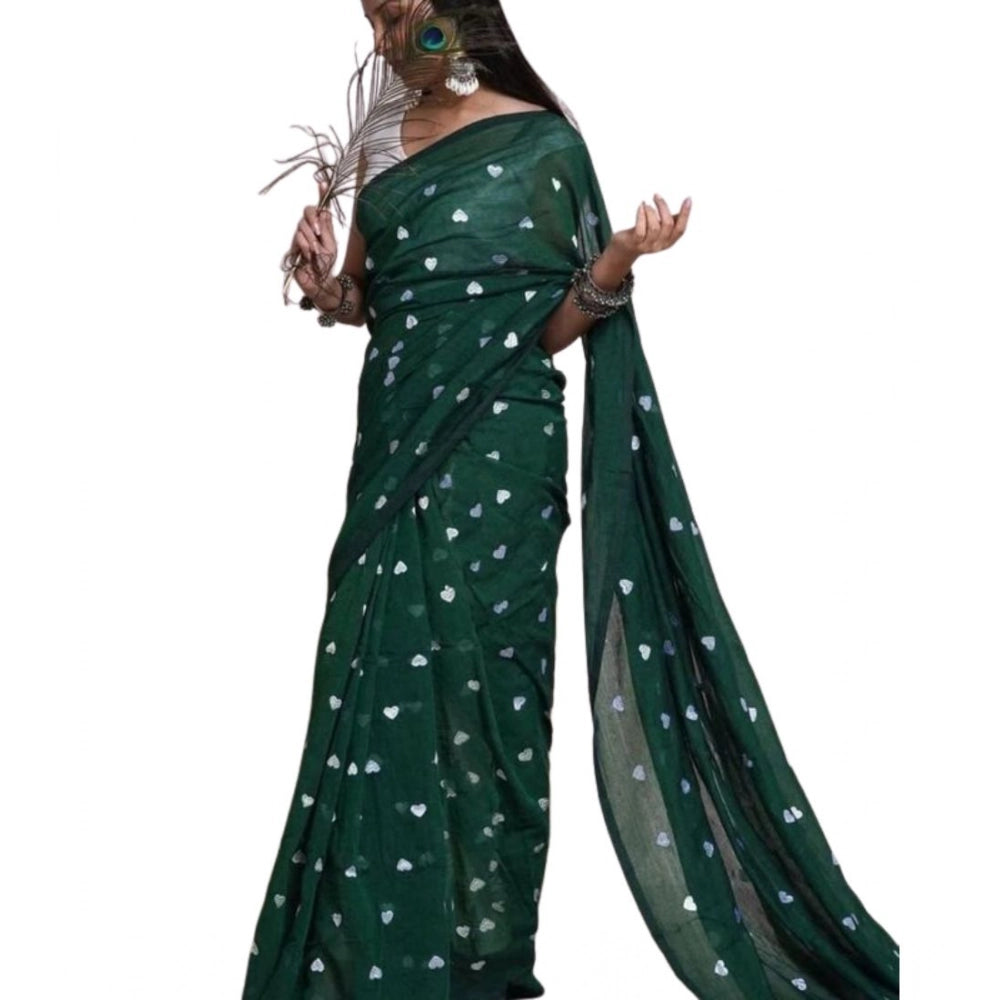 Generic Women's Linen Printed Saree With Unstitched Blouse 5.5Mtr (Green)