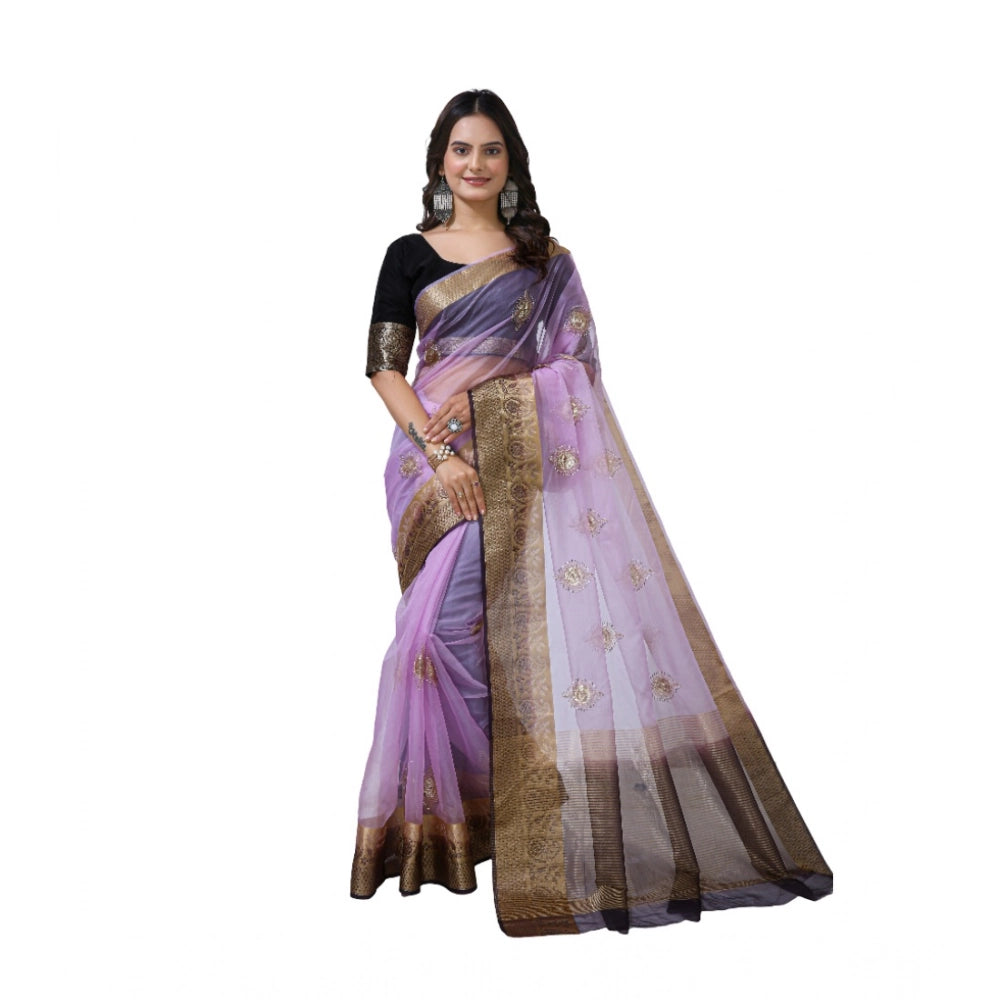 Generic Women's Organza jacquard Embellished Saree With Unstitched Blouse 5.5Mtr (Purple)