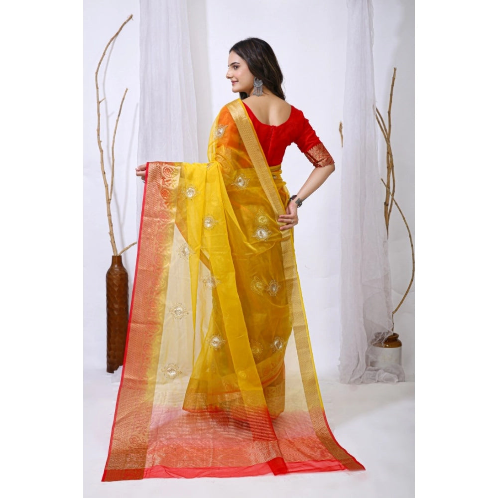 Generic Women's Organza jacquard Embellished Saree With Unstitched Blouse 5.5Mtr (Yellow)