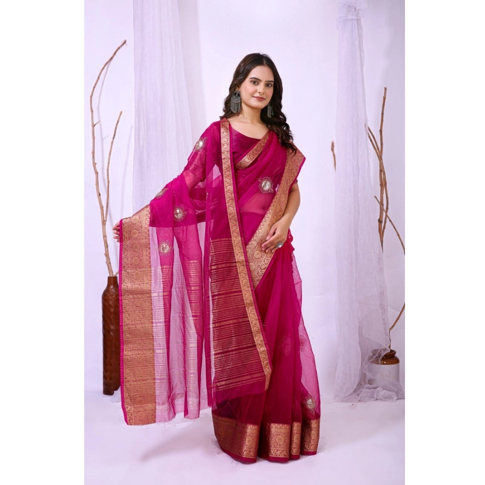 Generic Women's Organza jacquard Embellished Saree With Unstitched Blouse 5.5Mtr (Pink)